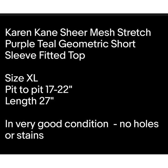 Sheer Mesh Stretch Purple Teal Geometric Short Sleeve Fitted Top Sz XL - Picture 7 of 7